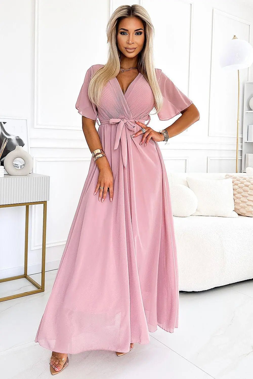 Numoco long chiffon cocktail dress with pleated neckline, tie and short sleeve - Honesty Sales