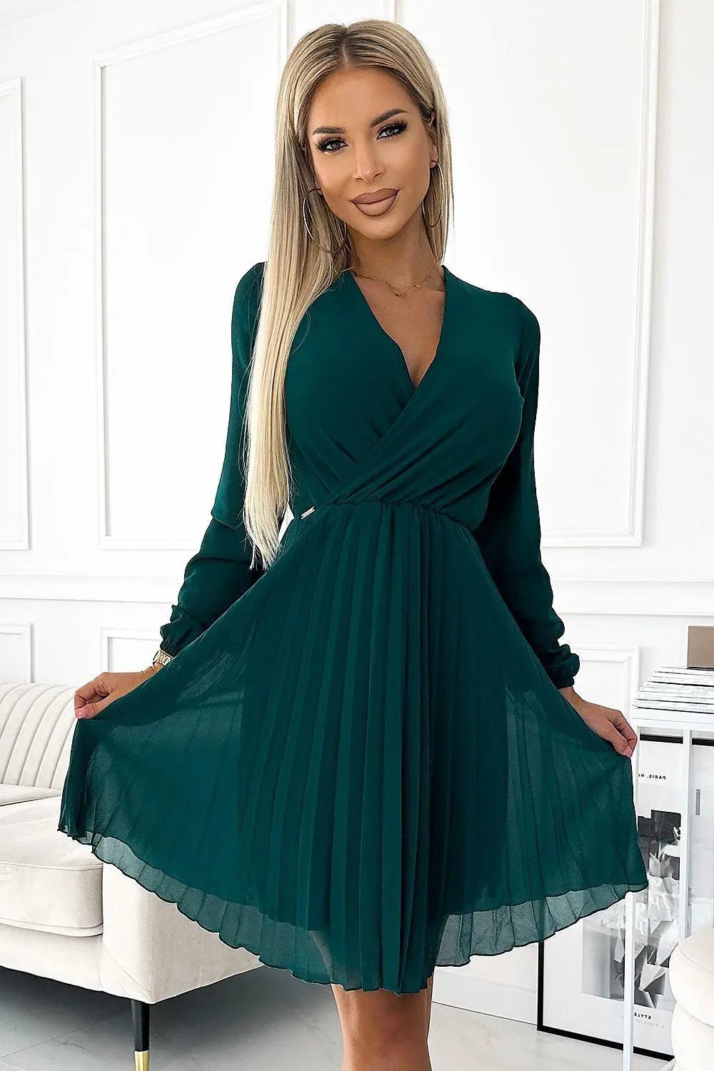 Numoco Pleated chiffon dress with neckline and long sleeves - Honesty Sales