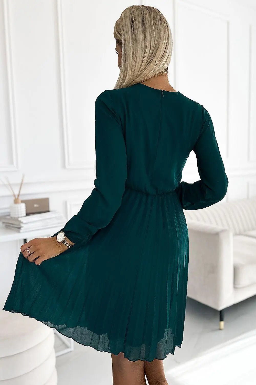 Numoco Pleated chiffon dress with neckline and long sleeves - Honesty Sales