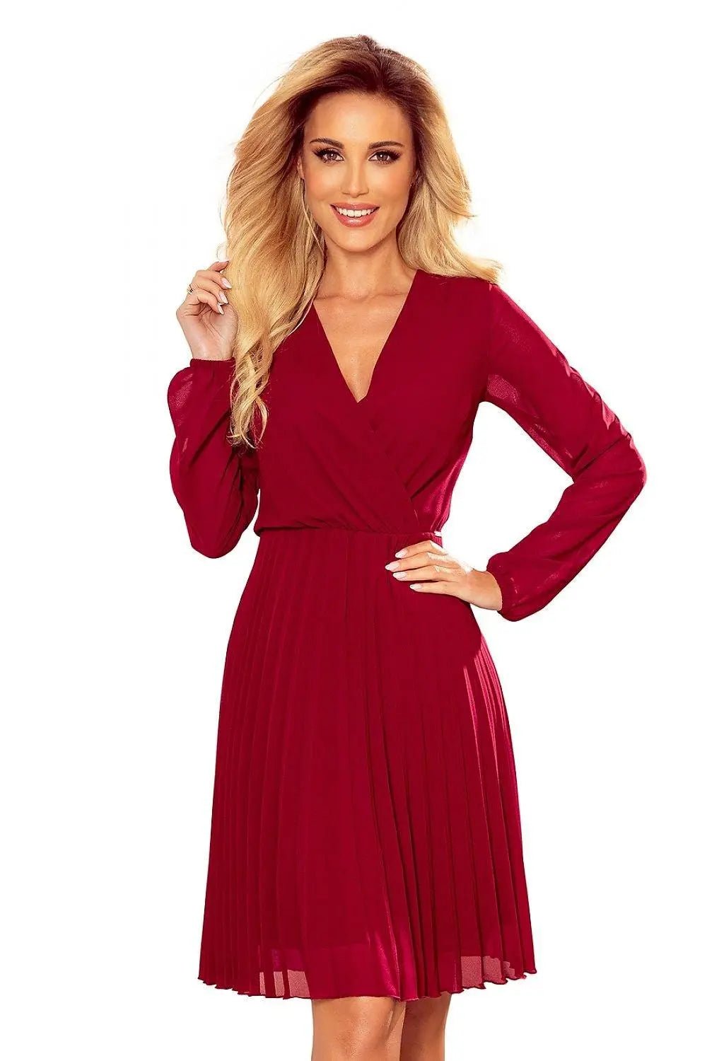 Numoco Pleated chiffon dress with neckline and long sleeves - Honesty Sales