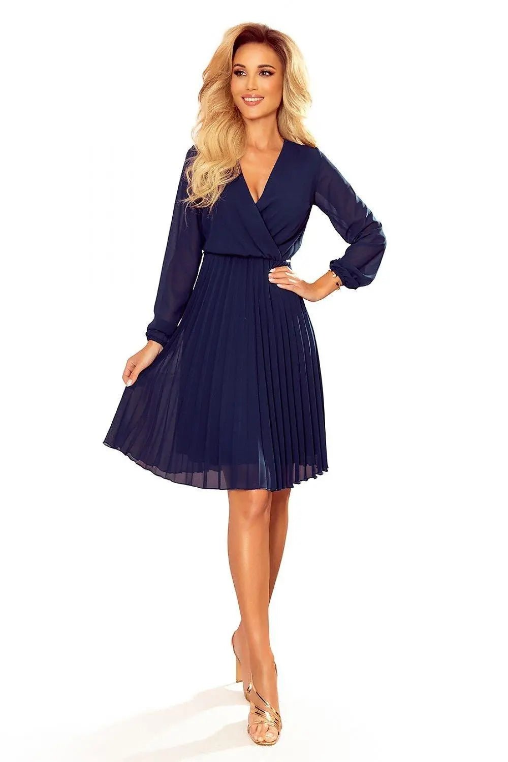 Numoco Pleated chiffon dress with neckline and long sleeves - Honesty Sales