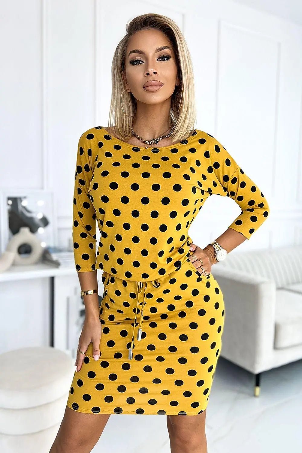 Numoco sporty dress with front tie, pockets and 3/4 sleeves - Honesty Sales
