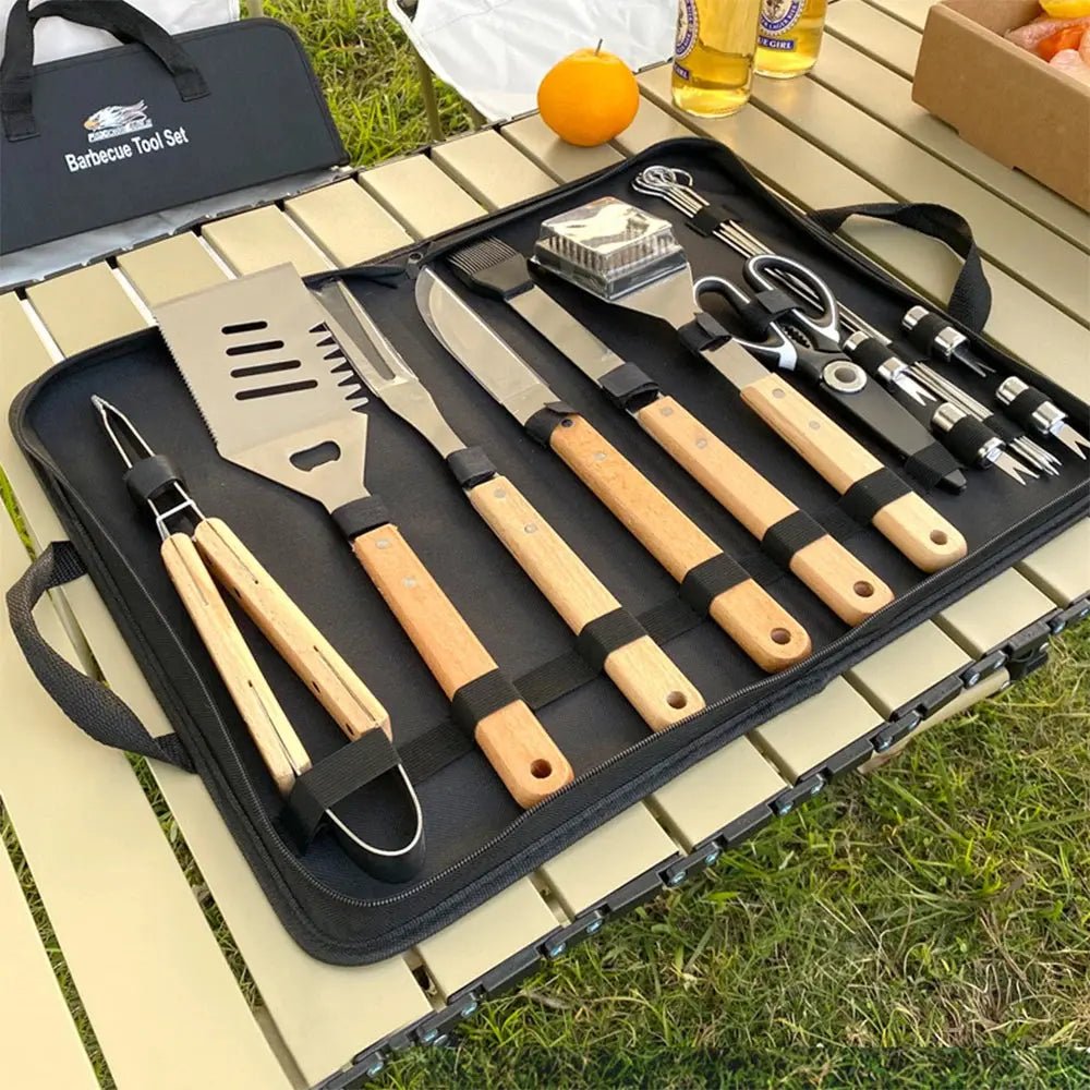 Outdoor BBQ Tool Set – Stainless Steel Grill Accessories with Wooden Handle Fork, Shovel, Clip & Cloth Bag for Camping Barbecue - Honesty Sales