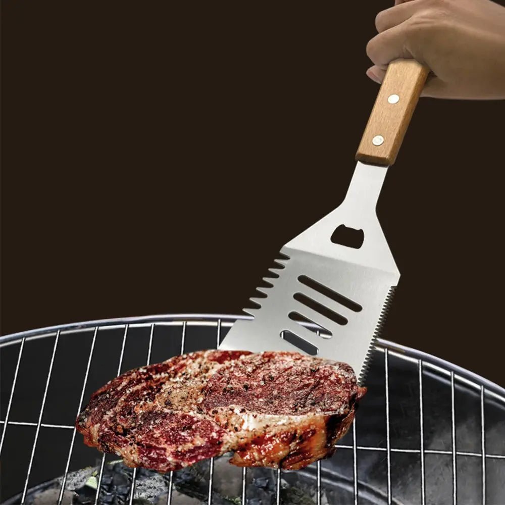 Outdoor BBQ Tool Set – Stainless Steel Grill Accessories with Wooden Handle Fork, Shovel, Clip & Cloth Bag for Camping Barbecue - Honesty Sales