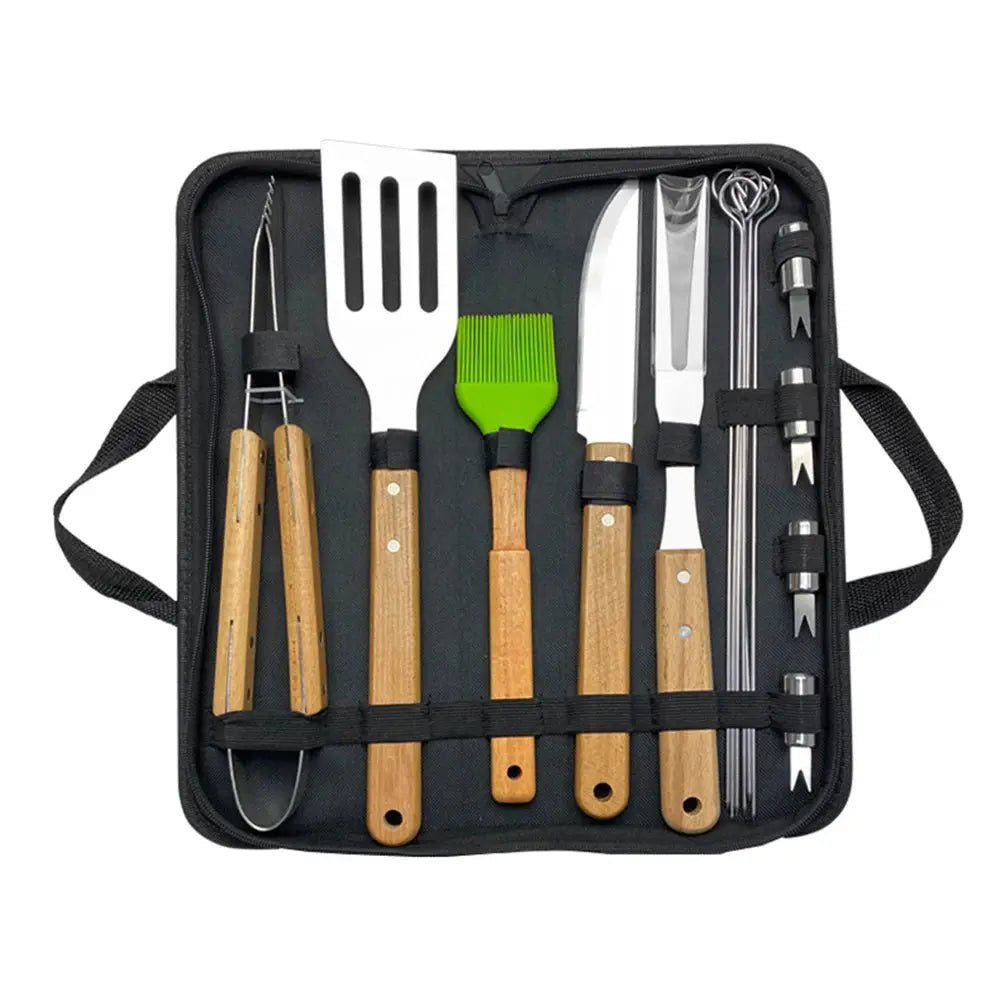 Outdoor BBQ Tool Set – Stainless Steel Grill Accessories with Wooden Handle Fork, Shovel, Clip & Cloth Bag for Camping Barbecue - Honesty Sales