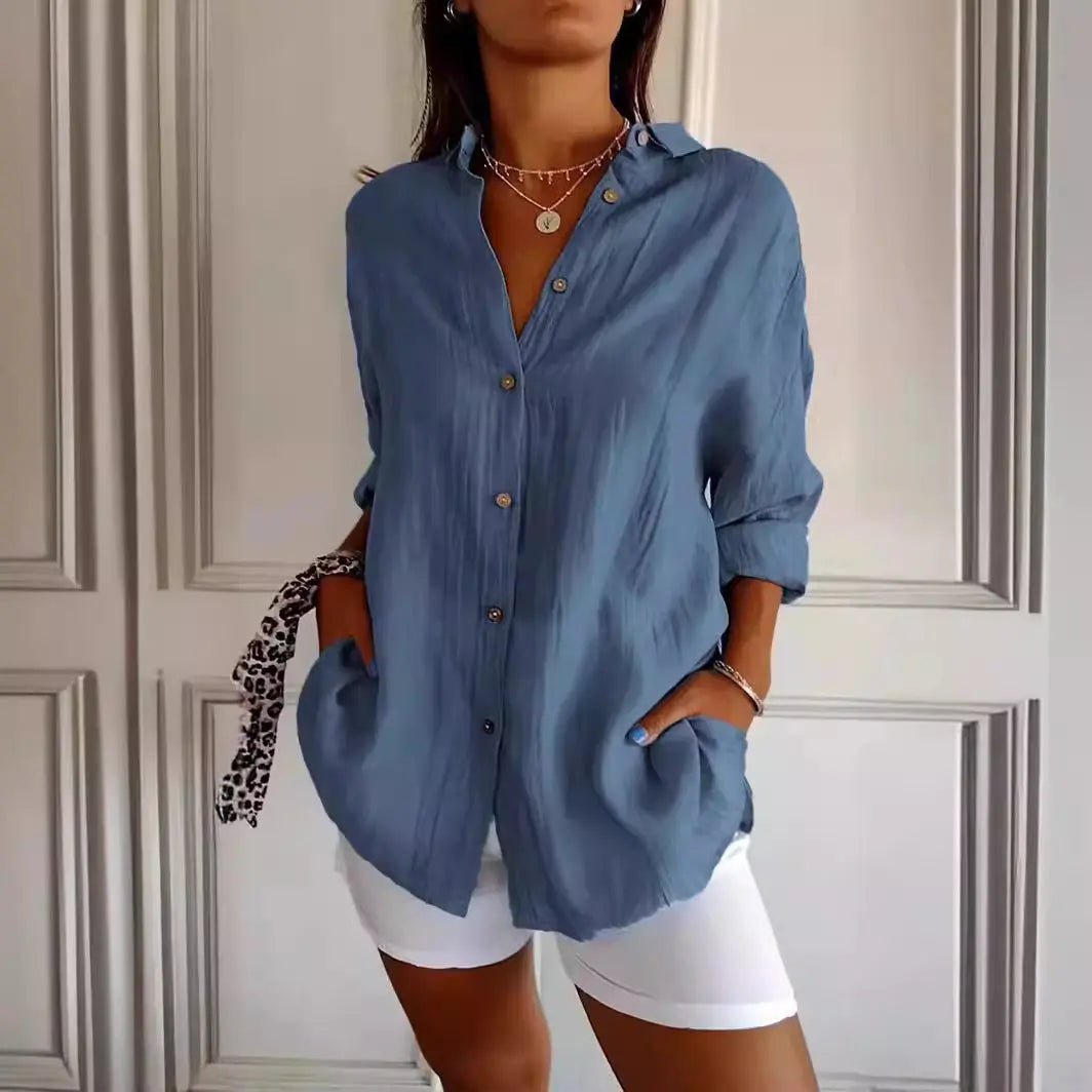 Popular Spring And Summer New Women's Loose Open Button Shirt Solid Color Top - Honesty Sales