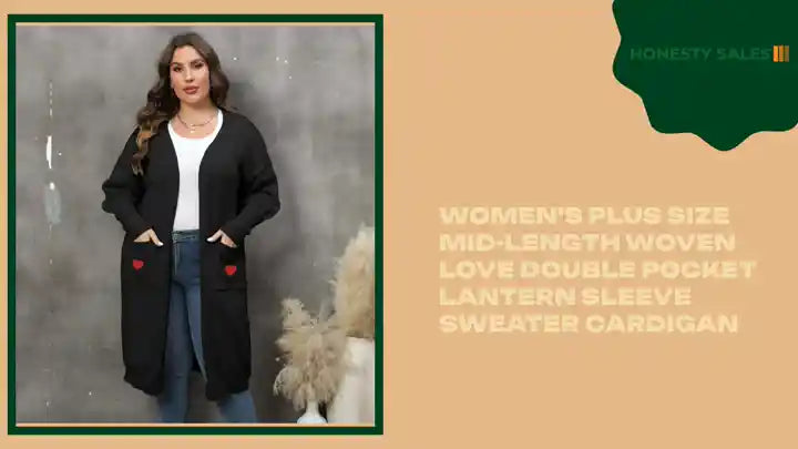 Women's Plus Size Mid-length Woven Love Double Pocket Lantern Sleeve Sweater Cardigan by@Outfy