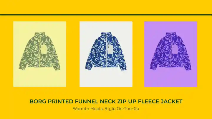 Borg Printed Funnel Neck Zip Up Fleece Jacket by@Outfy