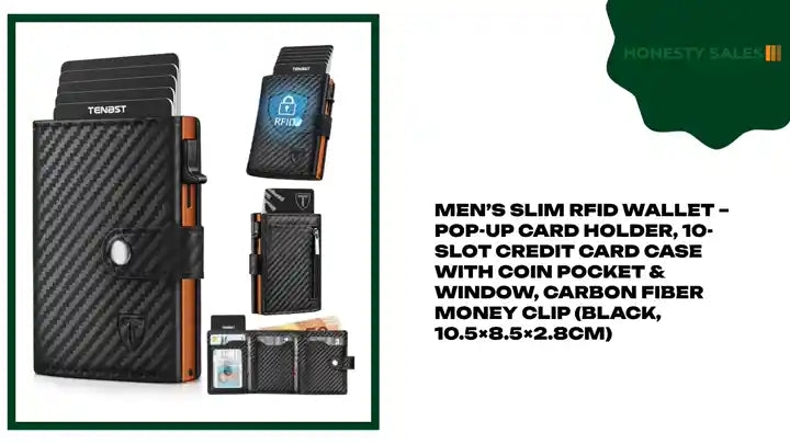 Men&rsquo;s Slim RFID Wallet &ndash; Pop-Up Card Holder, 10-Slot Credit Card Case with Coin Pocket &amp; Window, Carbon Fiber Money Clip (Black, 10.5&times;8.5&times;2.8cm) by@Outfy