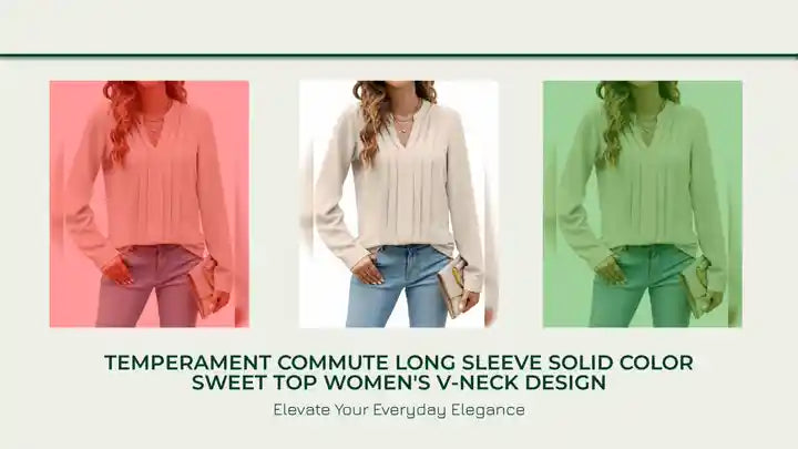 Temperament Commute Long Sleeve Solid Color Sweet Top Women's V-neck Design by@Outfy