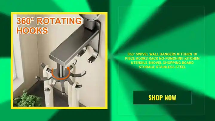 360&deg; Swivel Wall Hangers Kitchen 10 Piece Hooks Rack No-Punching Kitchen Utensils Shovel Chopping Board Storage Stainless Steel by@Outfy