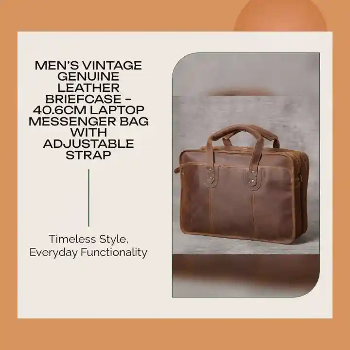 Men&rsquo;s Vintage Genuine Leather Briefcase &ndash; 40.6cm Laptop Messenger Bag with Adjustable Strap by@Outfy