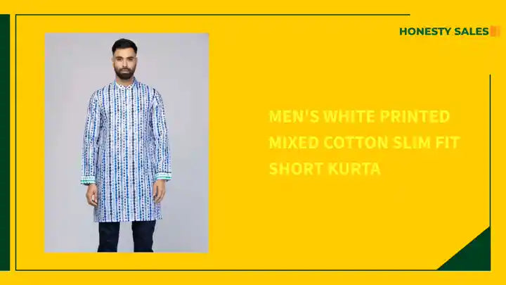 Men's White Printed Mixed Cotton Slim Fit Short Kurta by@Outfy