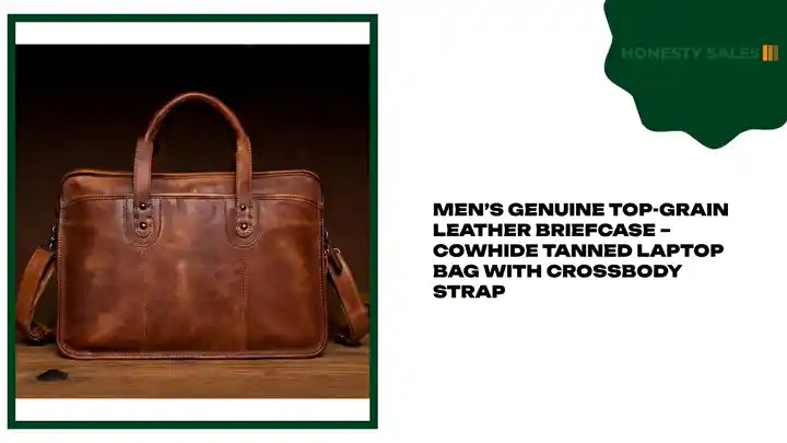 Men&rsquo;s Genuine Top-Grain Leather Briefcase &ndash; Cowhide Tanned Laptop Bag with Crossbody Strap by@Outfy