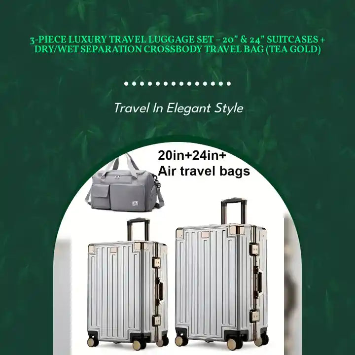 3-Piece Luxury Travel Luggage Set &ndash; 20&rdquo; &amp; 24&rdquo; Suitcases + Dry/Wet Separation Crossbody Travel Bag (Tea Gold) by@Outfy