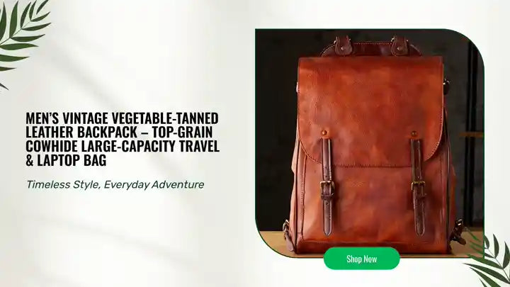 Men&rsquo;s Vintage Vegetable-Tanned Leather Backpack &ndash; Top-Grain Cowhide Large-Capacity Travel &amp; Laptop Bag by@Outfy