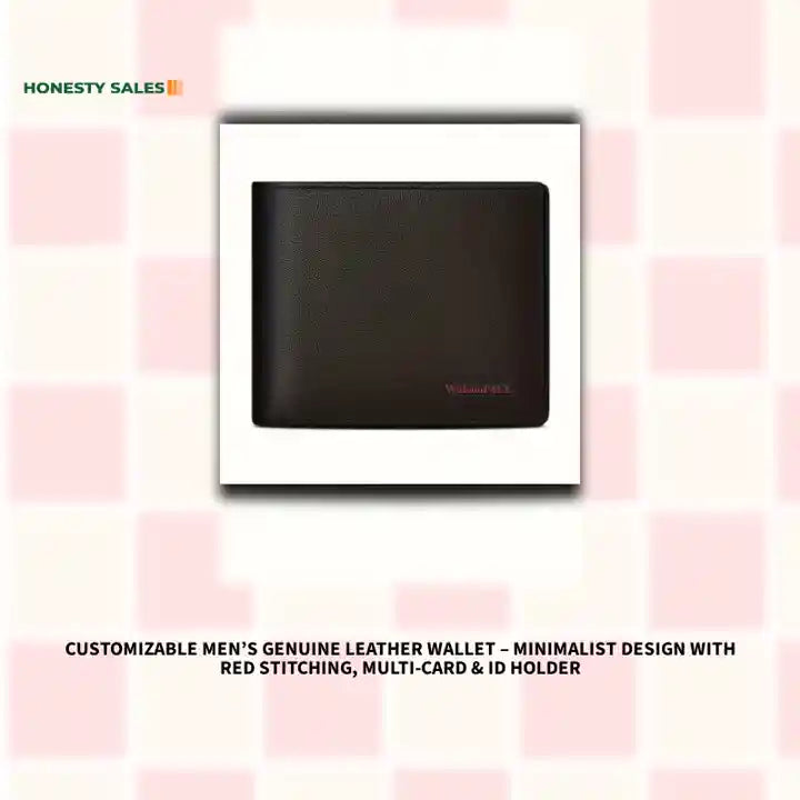 Customizable Men&rsquo;s Genuine Leather Wallet &ndash; Minimalist Design with Red Stitching, Multi-Card &amp; ID Holder by@Outfy