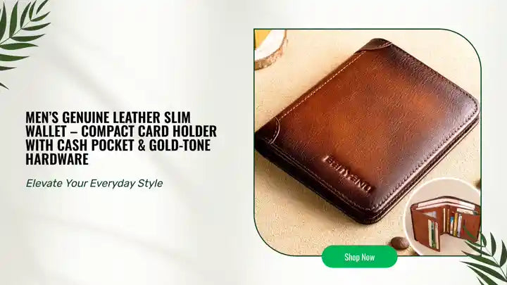 Men&rsquo;s Genuine Leather Slim Wallet &ndash; Compact Card Holder with Cash Pocket & Gold-Tone Hardware by@Outfy