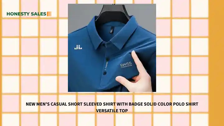 New Men's Casual Short Sleeved Shirt with Badge Solid Color Polo Shirt Versatile Top by@Outfy