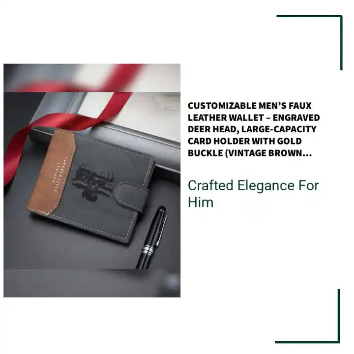 Customizable Men&rsquo;s Faux Leather Wallet &ndash; Engraved Deer Head, Large-Capacity Card Holder with Gold Buckle (Vintage Brown) by@Outfy