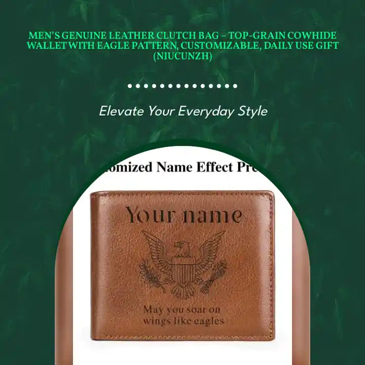 Men&rsquo;s Genuine Leather Clutch Bag &ndash; Top-Grain Cowhide Wallet with Eagle Pattern, Customizable, Daily Use Gift (NIUCUNZH) by@Outfy