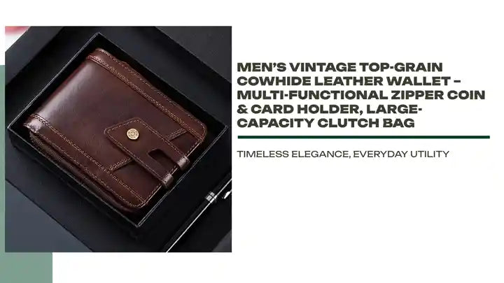 Men&rsquo;s Vintage Top-Grain Cowhide Leather Wallet &ndash; Multi-Functional Zipper Coin &amp; Card Holder, Large-Capacity Clutch Bag by@Outfy