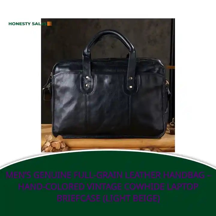 Men&rsquo;s Genuine Full-Grain Leather Handbag &ndash; Hand-Colored Vintage Cowhide Laptop Briefcase (Light Beige) by@Outfy