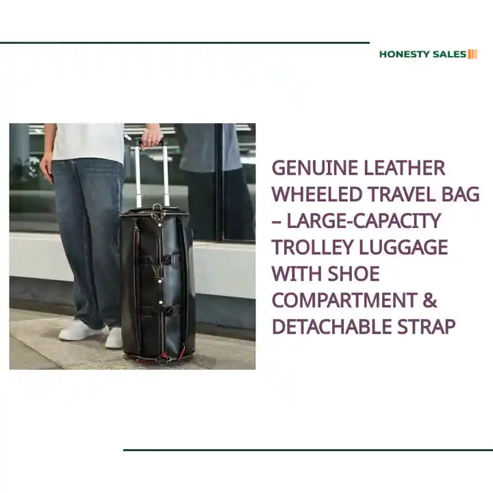 Genuine Leather Wheeled Travel Bag &ndash; Large-Capacity Trolley Luggage with Shoe Compartment & Detachable Strap by@Outfy