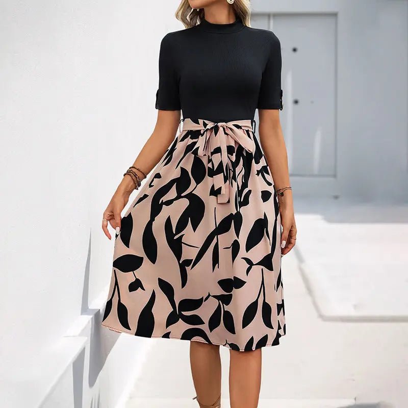 Printed AB Stitching Short Sleeve Lace - up A - Line Skirt - Honesty Sales