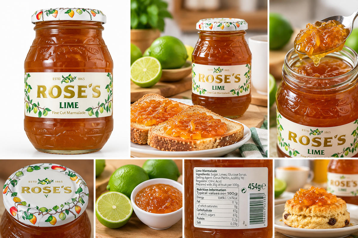 Rose's Lime Fine Cut Marmalade 454g studio and lifestyle collage