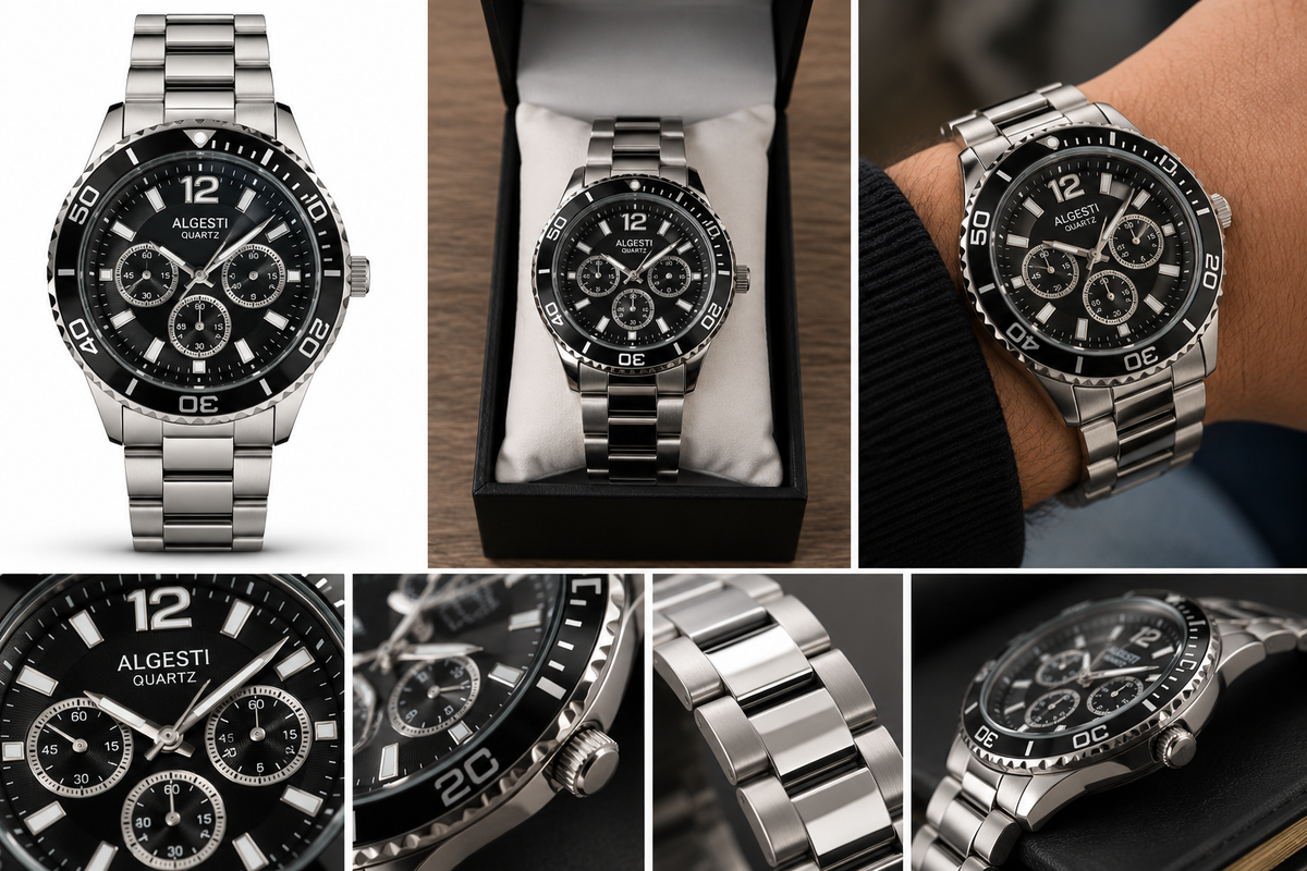 Illustrative watch studio and lifestyle collage; original photograph shows exact dial and branding