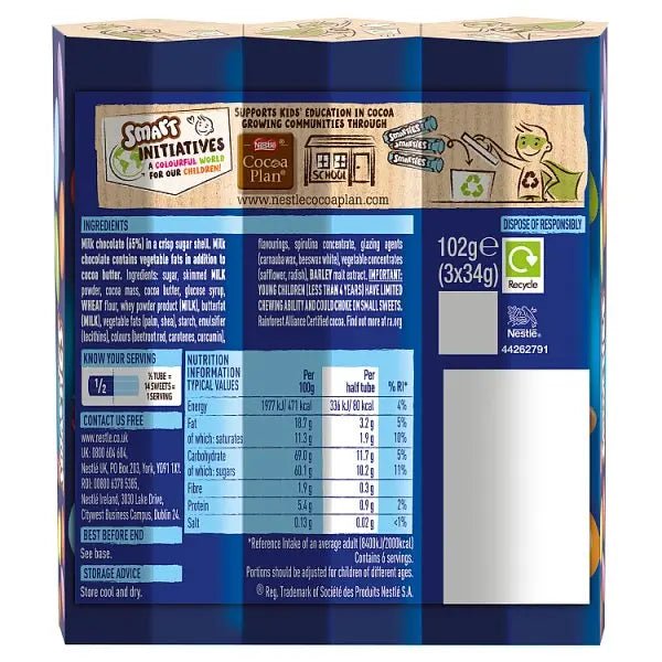 Smarties Milk Chocolate Tube 3 Pack Multipack 102g (Case of 16) - Honesty Sales