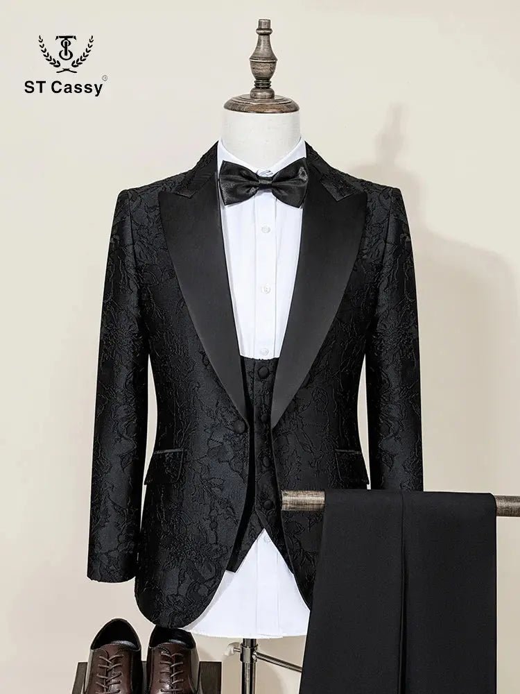 ST Cassy Men’s Black Retro Carved Tuxedo Suit – Slim Fit 3 - Piece Wedding & Prom Set - Honesty Sales