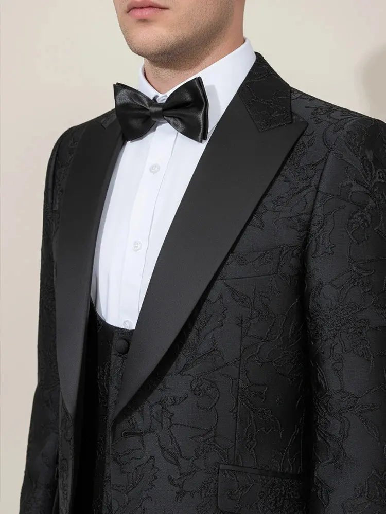 ST Cassy Men’s Black Retro Carved Tuxedo Suit – Slim Fit 3 - Piece Wedding & Prom Set - Honesty Sales