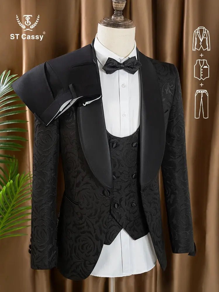 ST Cassy Men’s Black Retro Carved Tuxedo Suit – Slim Fit 3 - Piece Wedding & Prom Set - Honesty Sales