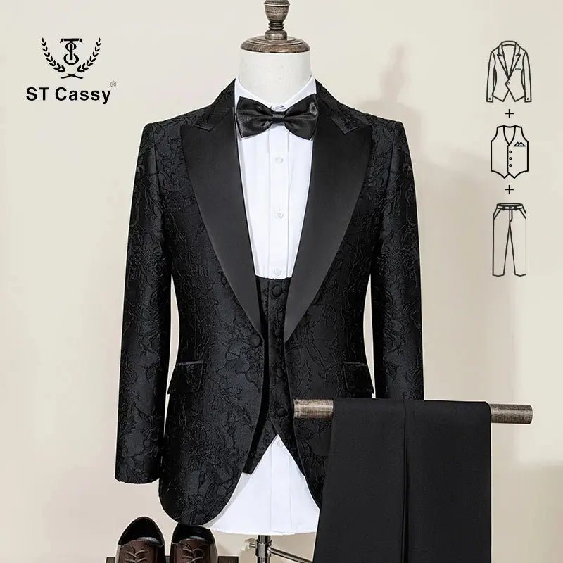 ST Cassy Men’s Black Retro Carved Tuxedo Suit – Slim Fit 3 - Piece Wedding & Prom Set - Honesty Sales