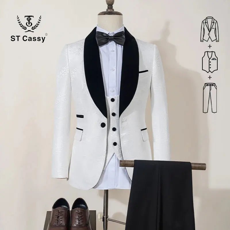 ST Cassy Men’s Black Retro Carved Tuxedo Suit – Slim Fit 3 - Piece Wedding & Prom Set - Honesty Sales