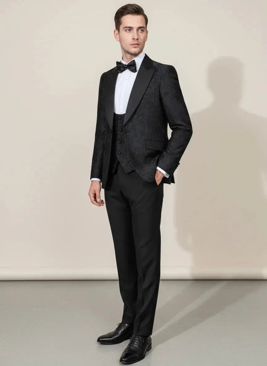 ST Cassy Men’s Black Retro Carved Tuxedo Suit – Slim Fit 3 - Piece Wedding & Prom Set - Honesty Sales