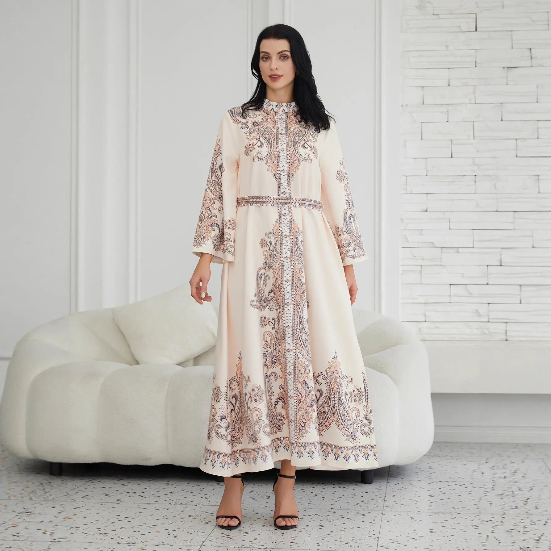 Stand Collar Printing Long Retro Muslim Dress - Honesty Sales