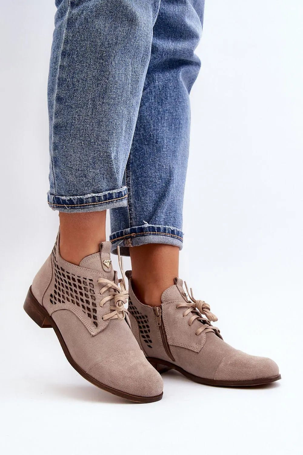 Step in style Women's natural suede boots with a low, openwork. - Honesty Sales