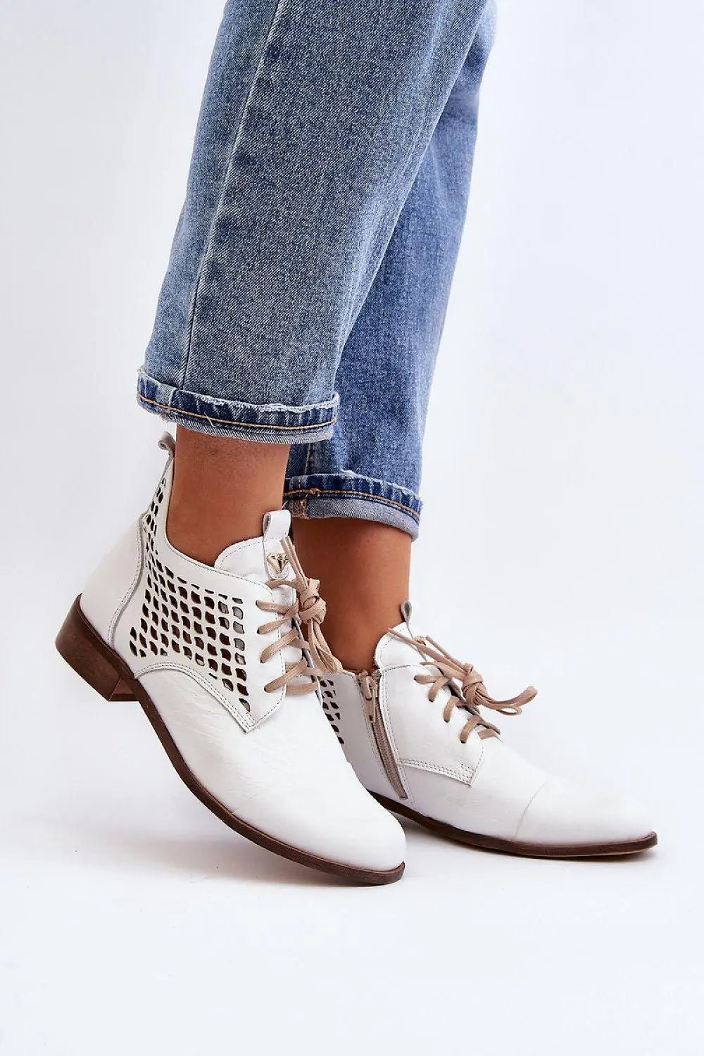 Step in style Women's natural suede boots with a low, openwork. - Honesty Sales
