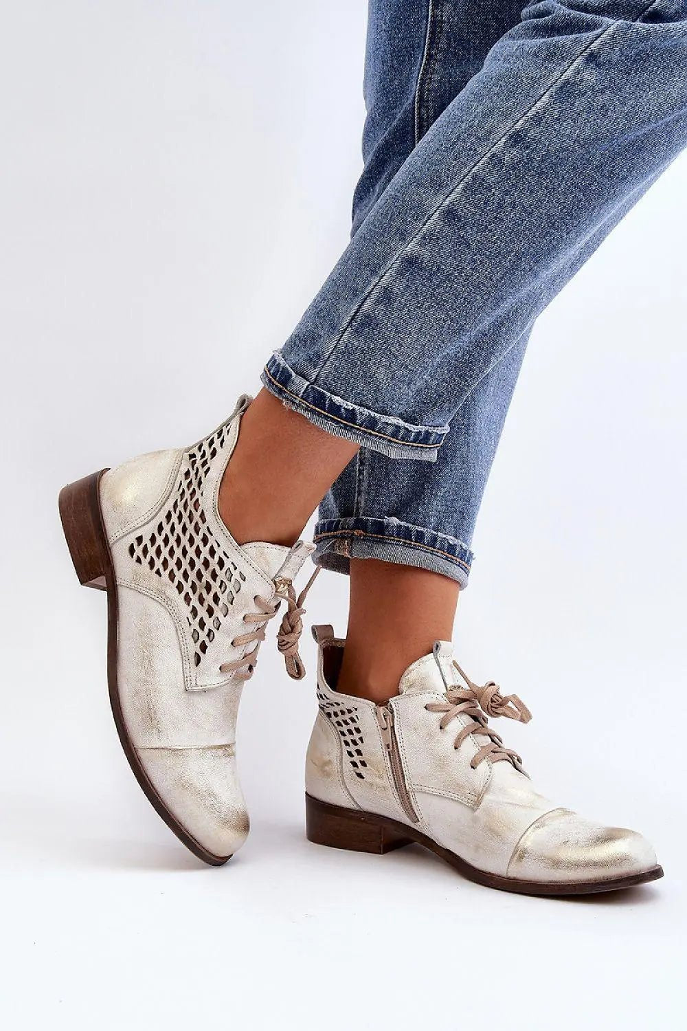 Step in style Women's natural suede boots with a low, openwork. - Honesty Sales