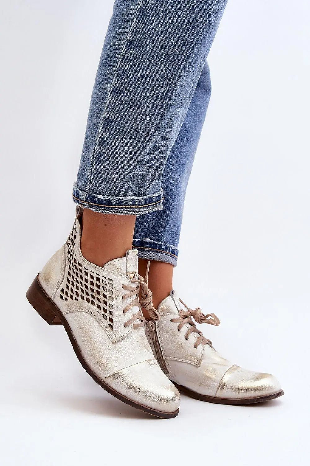 Step in style Women's natural suede boots with a low, openwork. - Honesty Sales