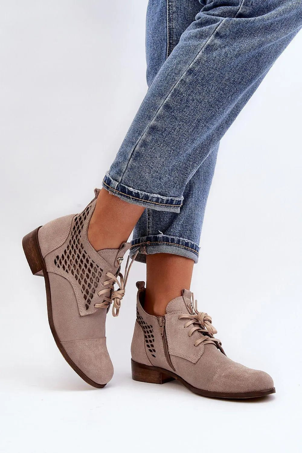 Step in style Women's natural suede boots with a low, openwork. - Honesty Sales