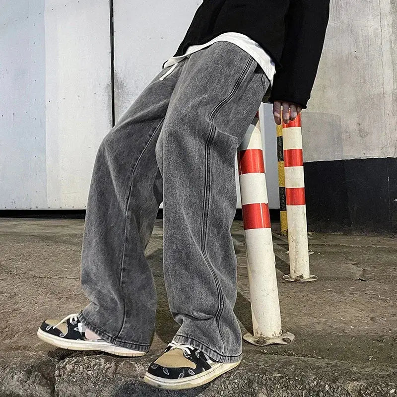 Streetwear Loose Jeans Men Korean Style Fashion Loose Straight Wide Leg Pants Men's Brand Clothing Black Light Blue - Honesty Sales