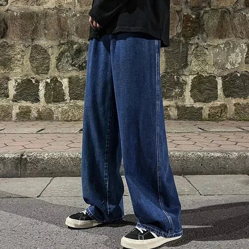 Streetwear Loose Jeans Men Korean Style Fashion Loose Straight Wide Leg Pants Men's Brand Clothing Black Light Blue - Honesty Sales