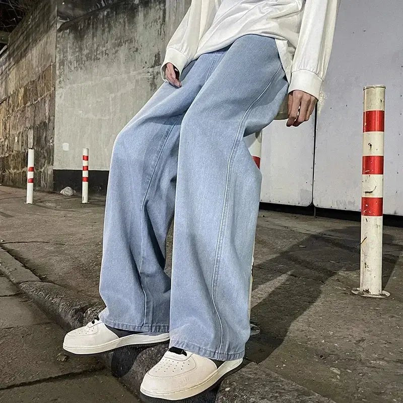 Streetwear Loose Jeans Men Korean Style Fashion Loose Straight Wide Leg Pants Men's Brand Clothing Black Light Blue - Honesty Sales
