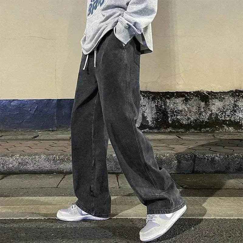 Streetwear Loose Jeans Men Korean Style Fashion Loose Straight Wide Leg Pants Men's Brand Clothing Black Light Blue - Honesty Sales