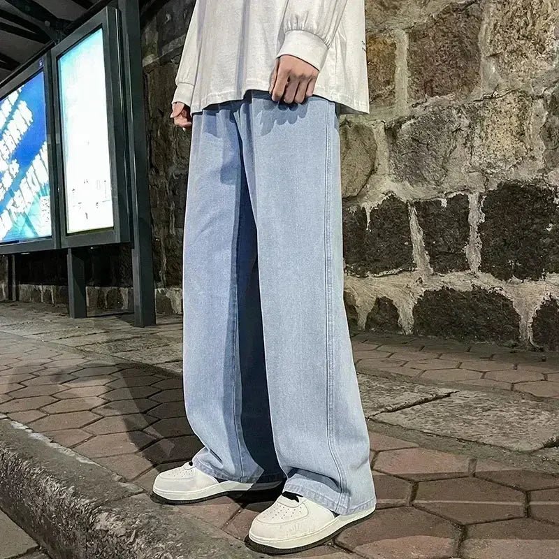 Streetwear Loose Jeans Men Korean Style Fashion Loose Straight Wide Leg Pants Men's Brand Clothing Black Light Blue - Honesty Sales
