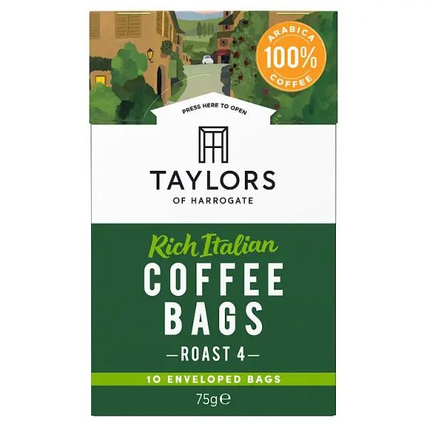 Taylors of Harrogate Rich Italian Coffee Bags 10 Enveloped Bags 75g (Case of 3) - Honesty Sales